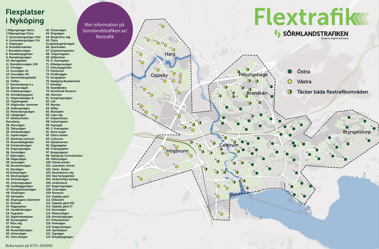Karta och förteckning över de 122 Flexplatserna. Behöver du ytterligare hjälp att läsa kartan: ring kundservice på 0771- 22 40 00.