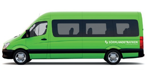 En grön minibuss med Sörmlandstrafikens logga.