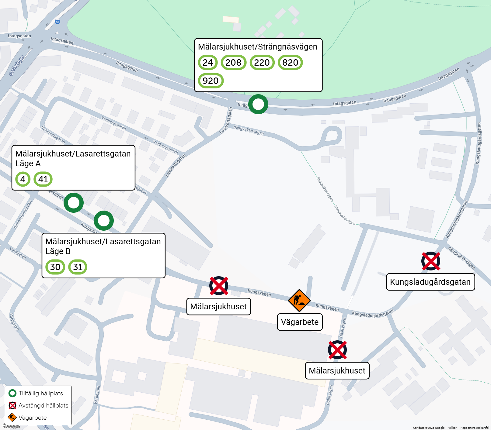 Karta som visar de nya hållplatslägena som beskrivs i texten ovan.