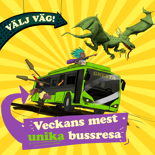 Illustration av en buss med en drake flygandes över bussen.