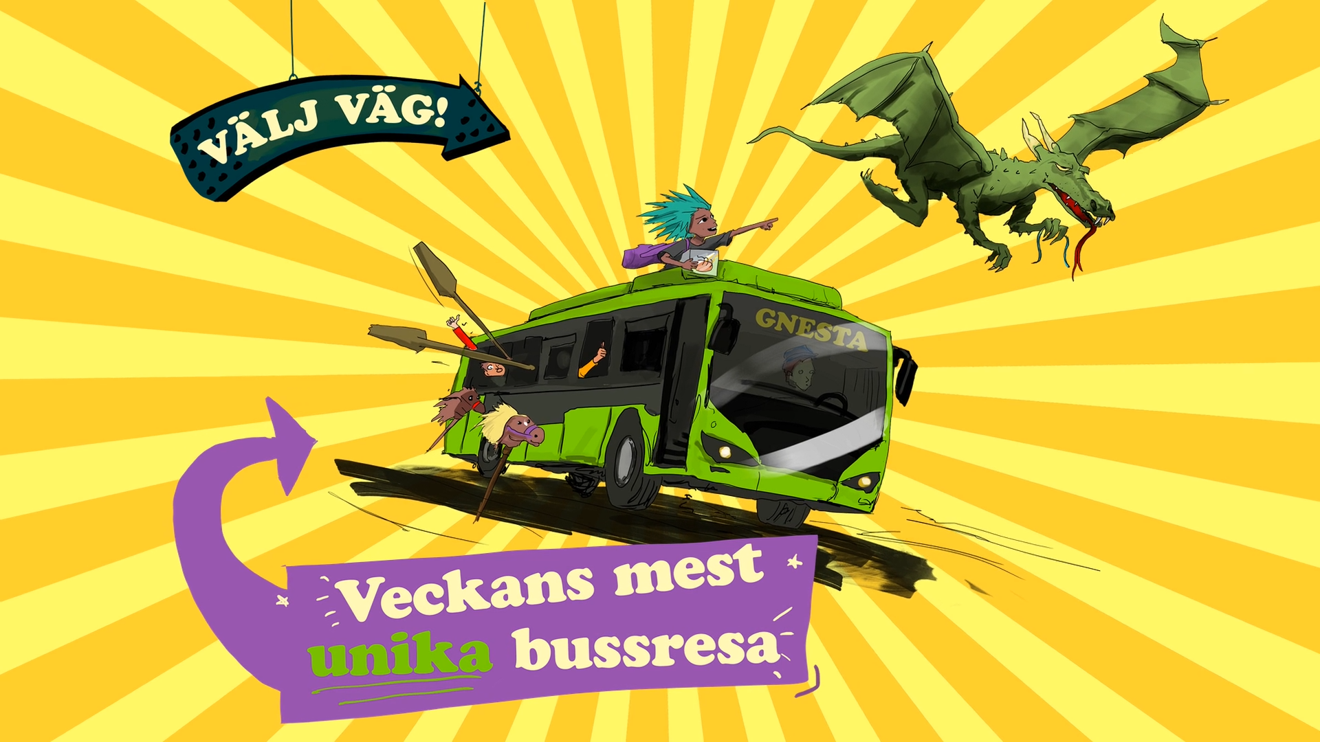 Illustration av en buss med en drake flygandes över bussen.