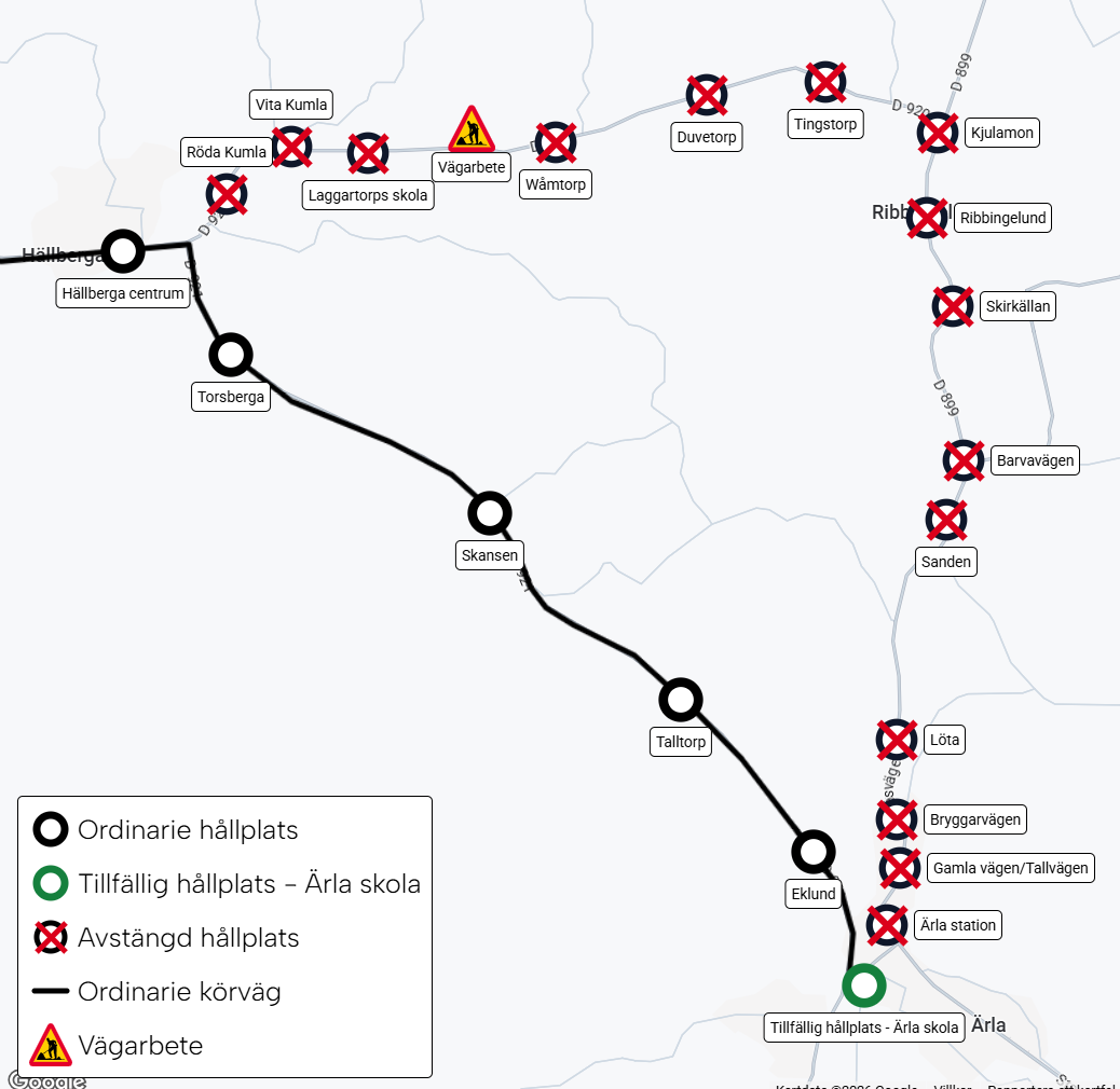 Karta avstängda hållplatser linje19 260622