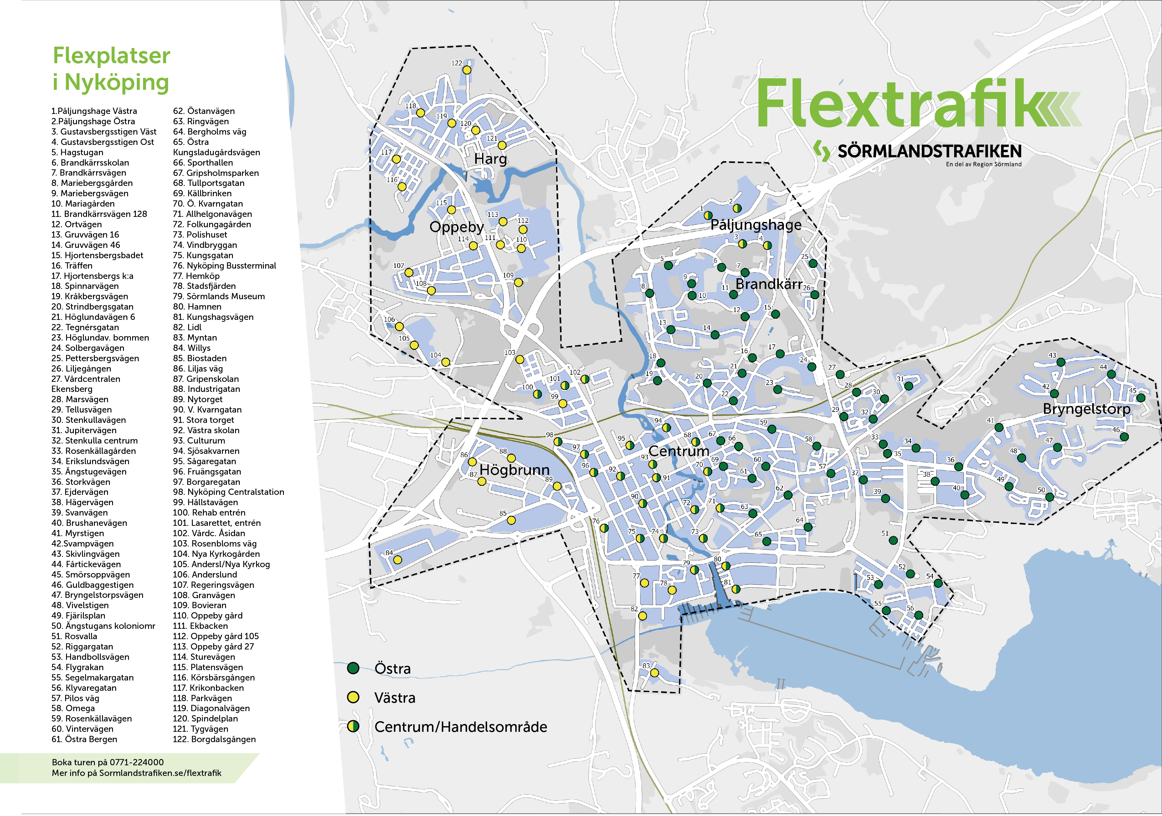 Karta och förteckning över de 122 Flexplatserna. Behöver du ytterligare hjälp att läsa kartan: ring kundservice på 0771- 22 40 00.