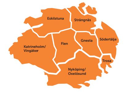 En karta över Sörmland som visar Sörmlandstrafikens zonindelning. En kommun är en zon, undantaget Katrineholm/Vingåker och Nyköping/Oxelösund som slagits ihop. 