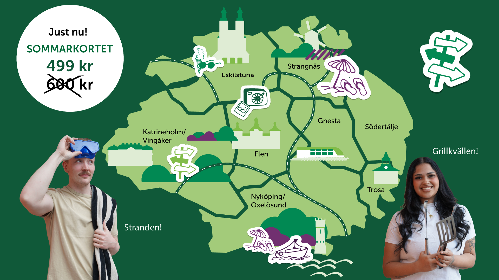 Bilden föreställer en karta över Sörmland och texten Sommarkortet Just nu 499 kr. På bilden syns också en ung kvinna med grillbestik och en ung man som gör sig redo för att bada.   
