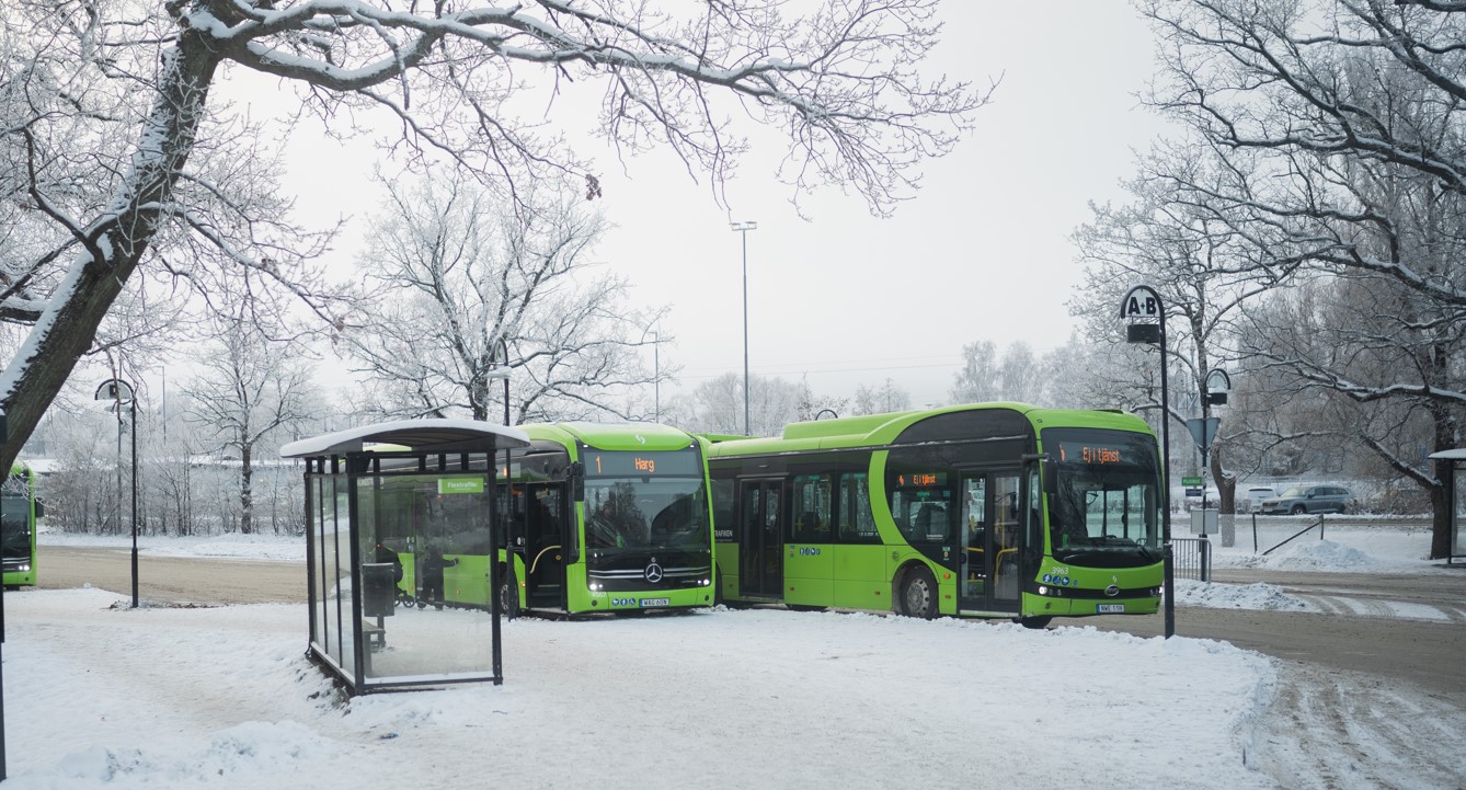 Bilden visar två av Sörmlandstrafikens gröna bussar framför en hållplats i vinterlandskap. 